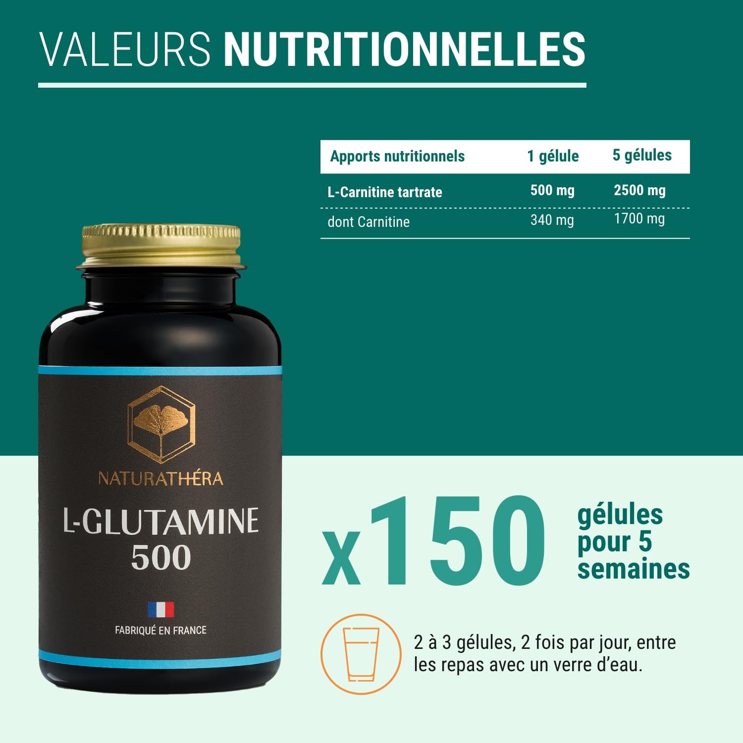 L-GLUTAMINE 500 - Fort dosage - Anti-inflammatoire - Complément Alimentaire Confort Digestif Intestinal - 150 Gélules - Fabriqué en France - Vegan - Sans Additifs Allergènes OGM