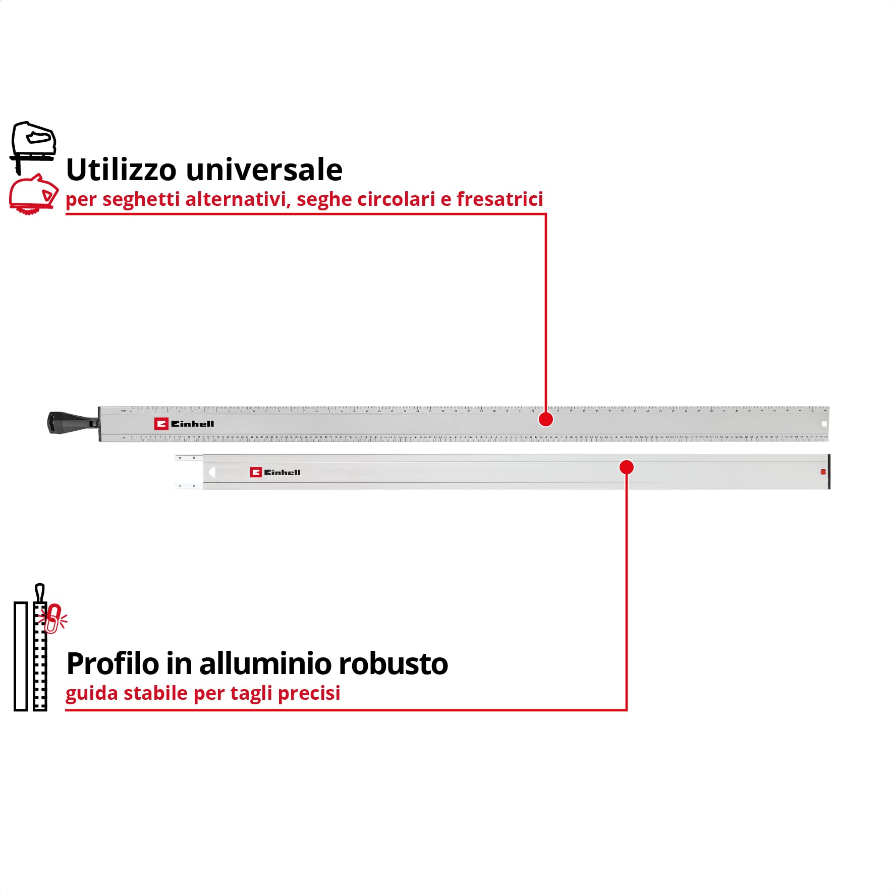 Einhell Guida universale per sega, 2 pezzi (capacità max. 2500 mm, forza 50 kg, profilo in alluminio, superfici antiscivolo, serraggio rapido, per seghetti alternativi e seghe circolari manuali)