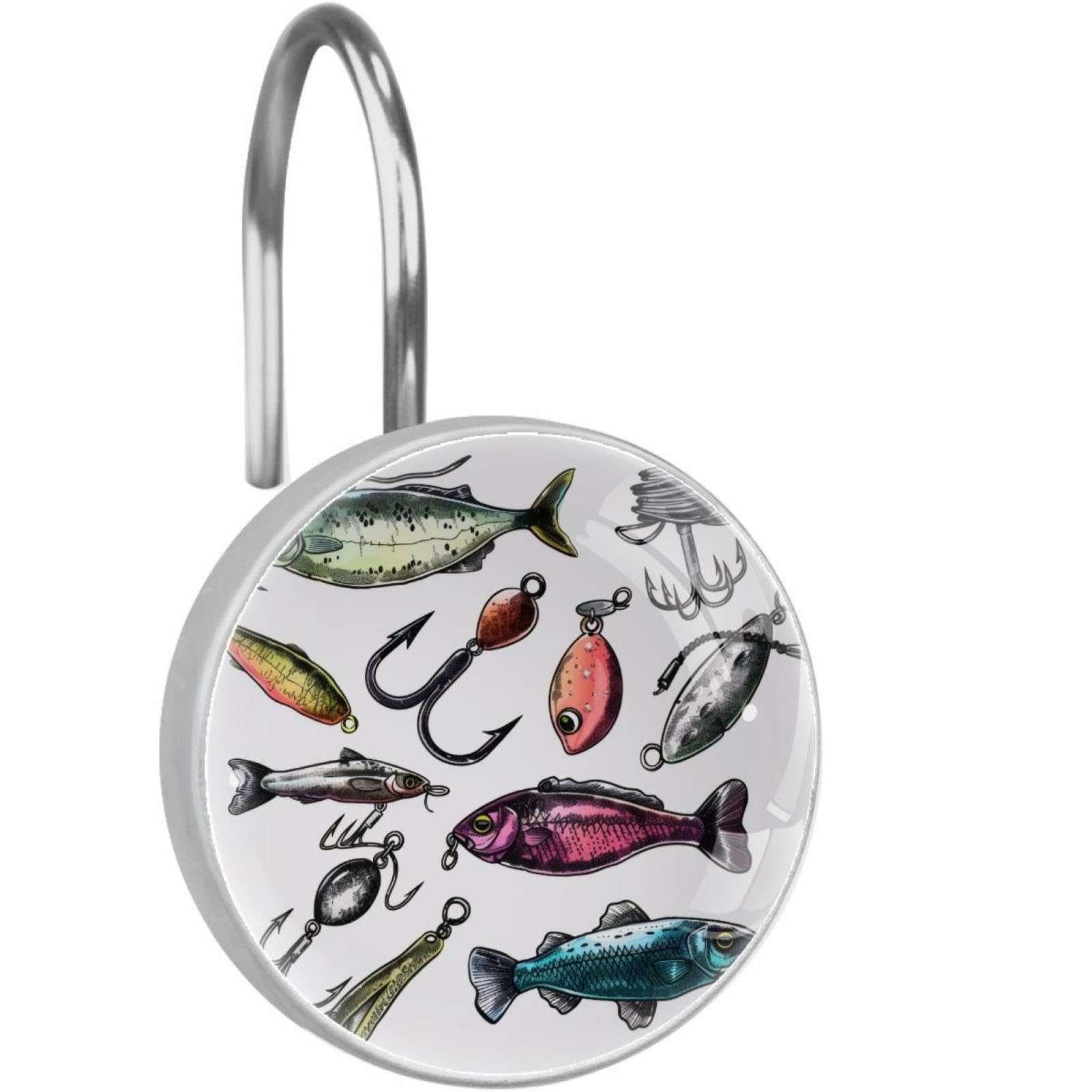 Various Fishing Lures Shower Curtain Hooks, Rustproof Shower Curtain Rings for Bathroom, Metal Decorative Shower Curtain Hooks Hangers for Shower Curtain Rod, Set of 12