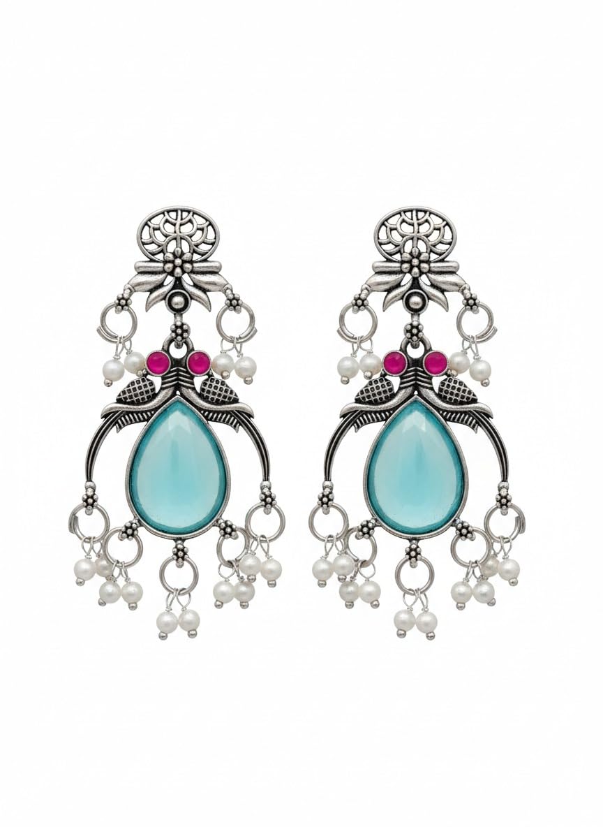 Traditional Oxidised Silver Jhumka Earrings for Women | Blue Stone & Pearl Hanging Ethnic Earrings | Floral Design Jewellery | Trendy Festive Wedding Accessory for Girls-image-15