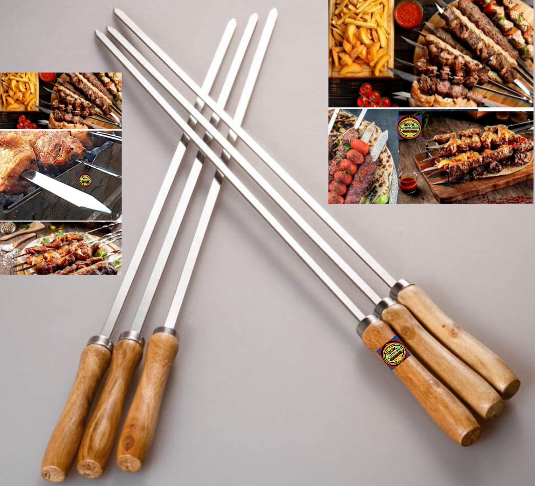 BBQ Skewers Tandoor for Barbecue, Grill Stick with Wooden Handle Skewers/Kabab Seekh Stainless Steel Barbeque Grilling Stick, for KABAB (Silver, 19 Inch Rod 4 Inch Handle-Length) (Pack of 6 Pieces) (B0CP61YRB6) Amazon Price History, Amazon Price Tracker