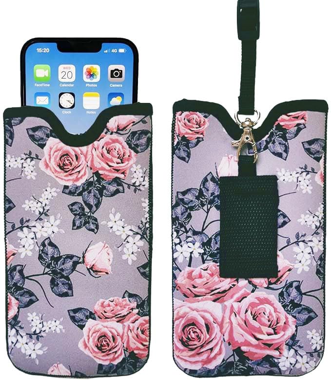 Tainada Men Women Neoprene Shockproof Phone Sleeve Pouch Carrying Case with Neck Lanyard, Belt Loop Holster for iPhone 17/16/15 Pro Max, 16/15 Plus, Air, 16e; Samsung S25+, S24, A56 (Gray Floral)
