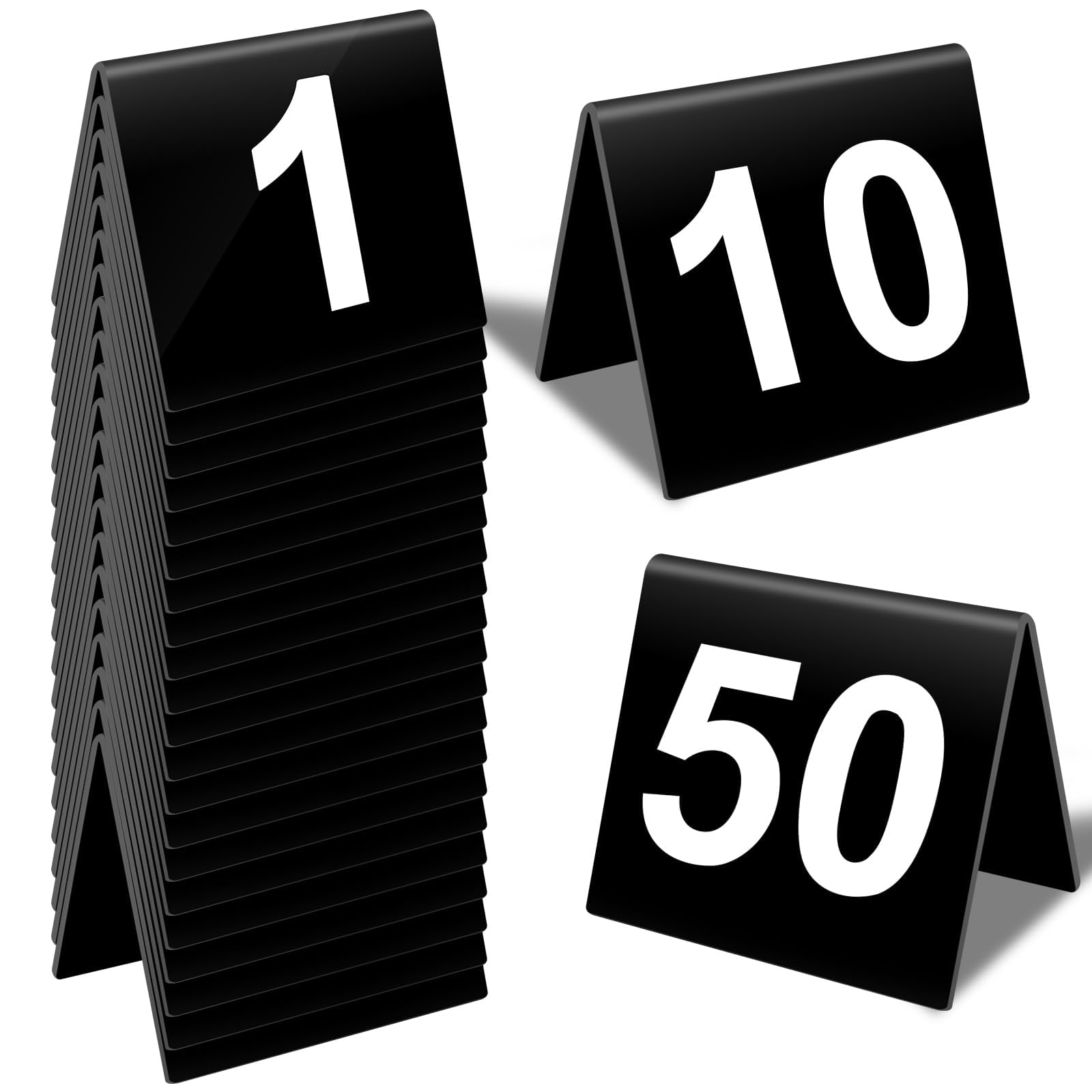 Lot de 50 numéros de table en acrylique noir de 1 à 50 panneaux imprimés des deux côtés pour mariage, restaurant, banquet, réception, événements, 6,3 x 5,7 cm