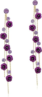 Unique Chic Long Tassel Chain Red Purple Rose Flower Dangle Drop Stud Earrings with White Sparkly Crystal for Women Statement Jewelry Gifts