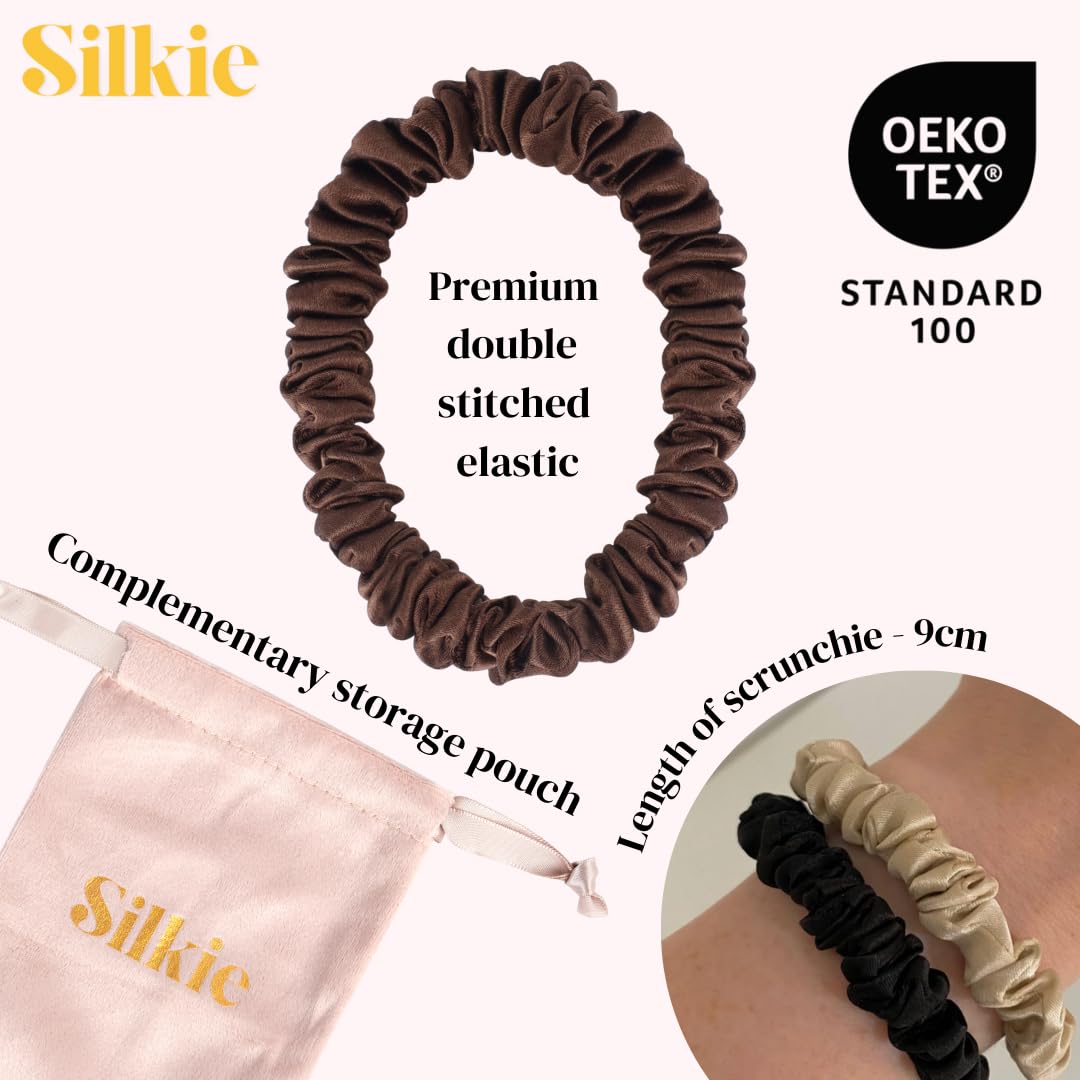SILKIE x4 Set 100% Pure Mulberry Silk Green Skinny Scrunchies Travel Pouch Everyday Hair Ties Elastics Hair Care Ponytail Holder No Damage (Emerald) - Image 4