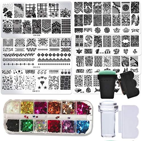 Nail Art Stamping kits, Nail Stamping Template Plates + Clear Stamper + Scraper, 3D Mixed Nail Decoration Rhinestone Rivet Studs Pearl, DIY Accessories Tools