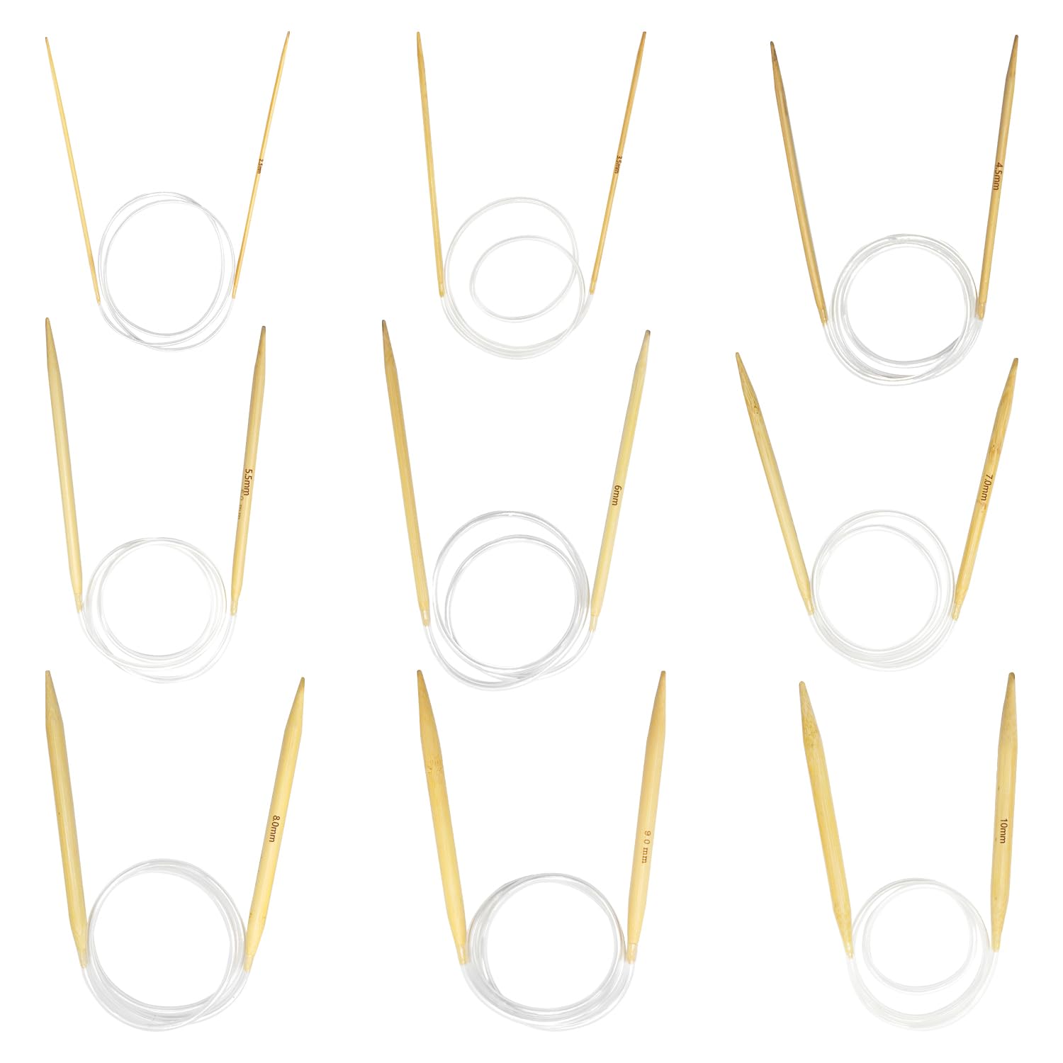 YXHZVON 9 Coppie Ferri da Maglia Circolari Bamboo 60cm, Ferri da Maglia a Doppia Punta, Set di Ferri da Maglia Circolari bambù per Principianti e Professionisti（2,5/3,5/4,5/5,5/6/7/8/9/10mm）