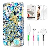 STENES Sparkle Case Compatible with Moto G7 / Moto G7 Plus - Stylish - 3D Handmade Bling Peacock Rose Flowers Design Cover with Screen Protector & Cable Protector - Blue