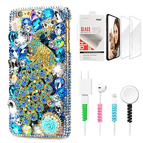 STENES Sparkle Case Compatible with Moto G7 / Moto G7 Plus - Stylish - 3D Handmade Bling Peacock Rose Flowers Design Cover with Screen Protector & Cable Protector - Blue