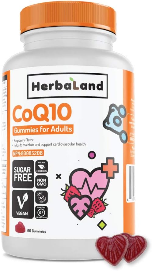 Herbaland Vegan CoQ10 Supplement - Plant-Based Sugar-Free Vitamin Gummies for Vascular Health - Coenzyme Q10 100 mg - Raspberry Flavor - 60 Gummies