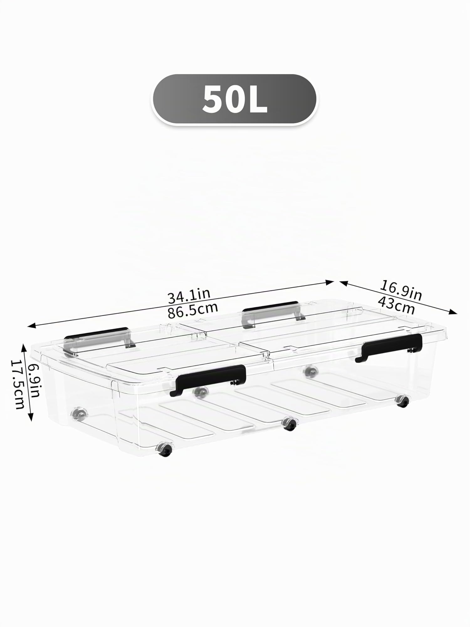 Cetomo 50L*4 Bidone di Stoccaggio con Ruote, Contenitore di Stoccaggio Sotto il Letto con Coperchi a Doppia Apertura, Contenitori in Plastica per Camera da Letto, Impilabili, Trasparente, 50L-4 Pezzi