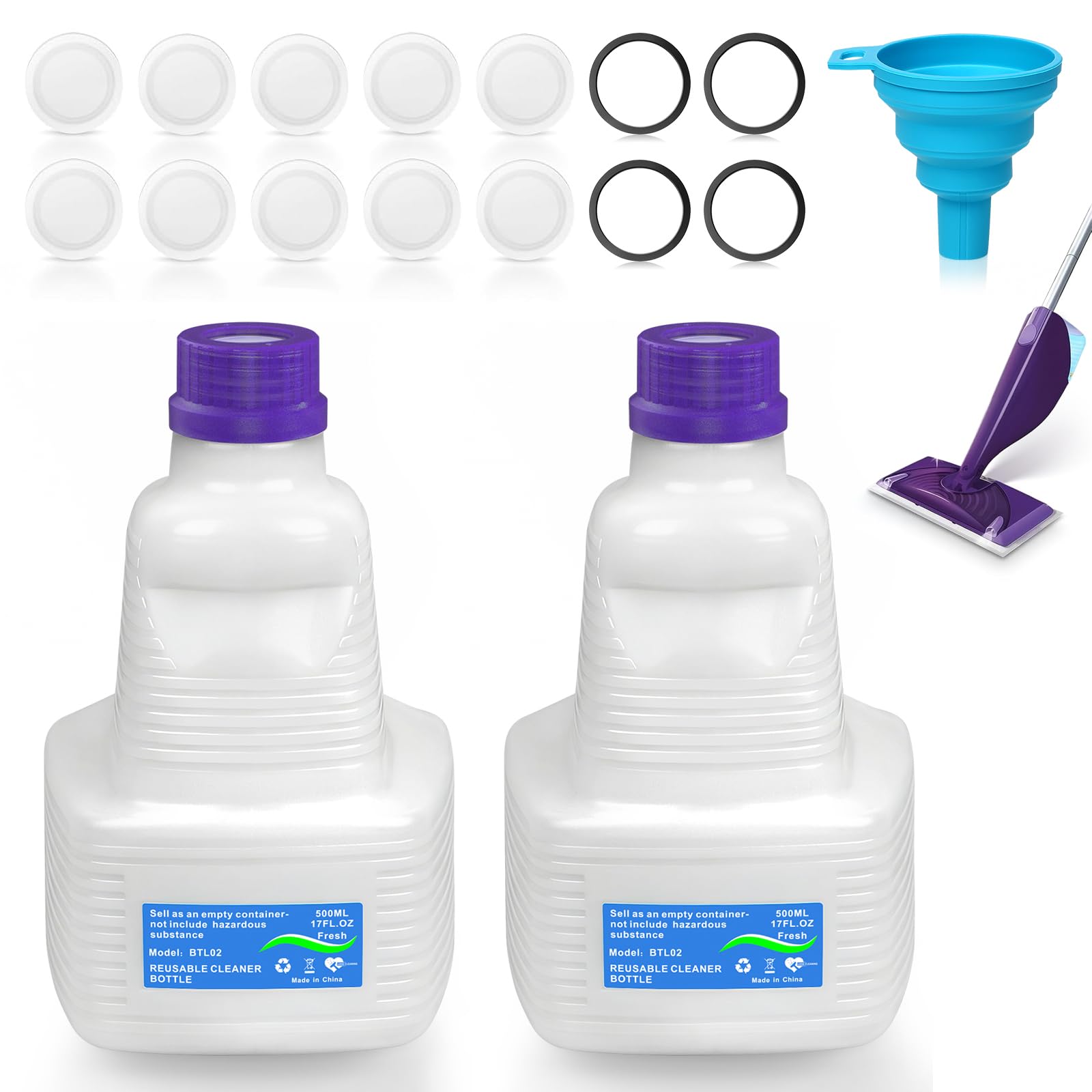 Butelka wielokrotnego napełniania do mopa Swiffer Wet Jet 500 ml / 17 FL OZ, szczelna, HDPE, pusta butelka do czyszczenia z 10 silikonowymi uszczelkami i 1 lejkiem, pielęgnacja drewna i bezpieczna dla