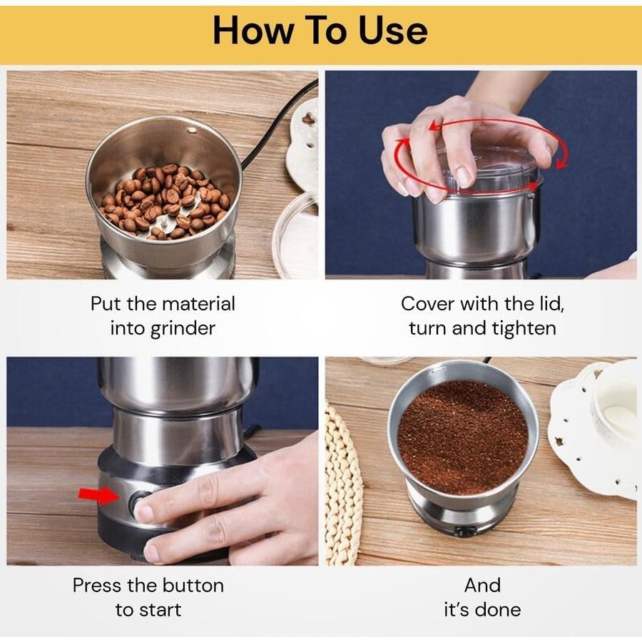 Image of volexmart Nima Electric Coffee Grinder & Spice Grinder 150W | Stainless Steel Dry Masala Grinder | Multipurpose Mini Grinder for Coffee Beans, Nuts, Seeds & Spices | Compact Kitchen Appliance