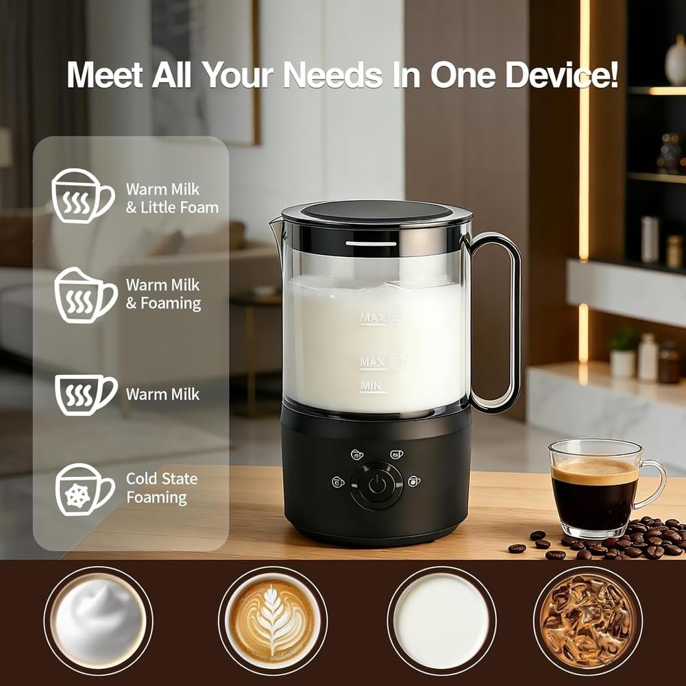 Moussisseur à Lait Électrique 4 en 1 (300 ML), Mousseur à Lait Automatique Chaud et Froid pour Café Glacé et Lattes, Prise Européenne