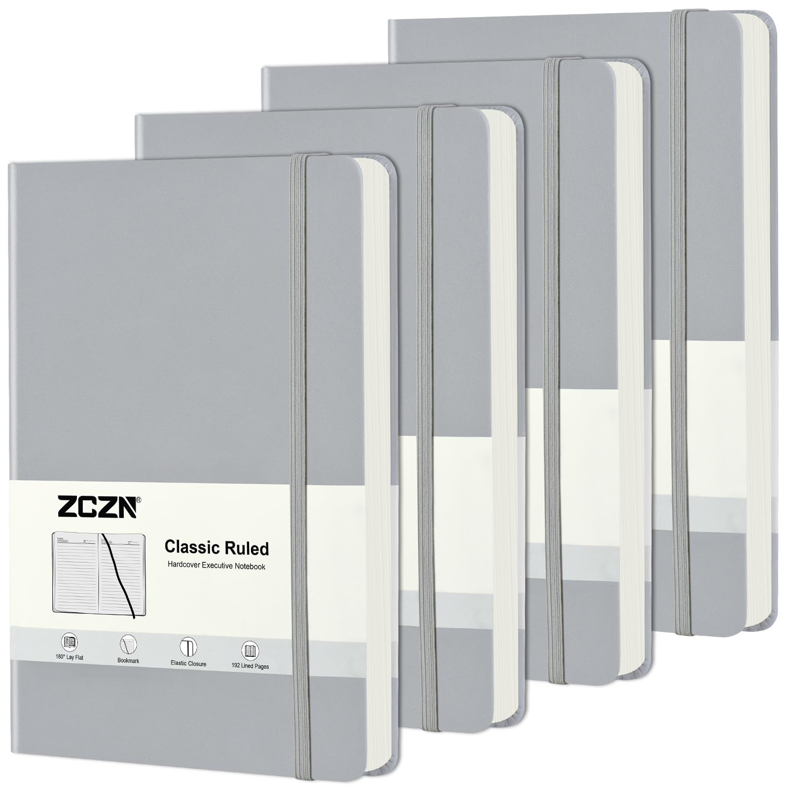 ZCZN A5 Lined Journal Notebooks, 4 Pack Hardcover Writing Notebooks for School, Work, Travel & Journaling, Grey
