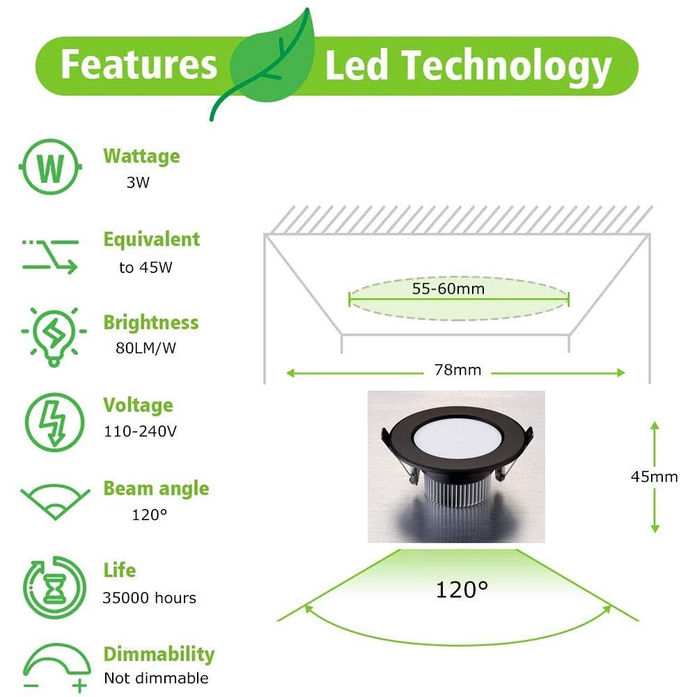3W Lampa sufitowa Wpuszczane oprawy LED Sufit Nie można ściemniać Reflektor Hermetyczny 240 lm Do łazienki Kuchnia Okrągły kąt świecenia 120° Do salonu Sypialnia Kuchnia [Klasa energetyczna A+]