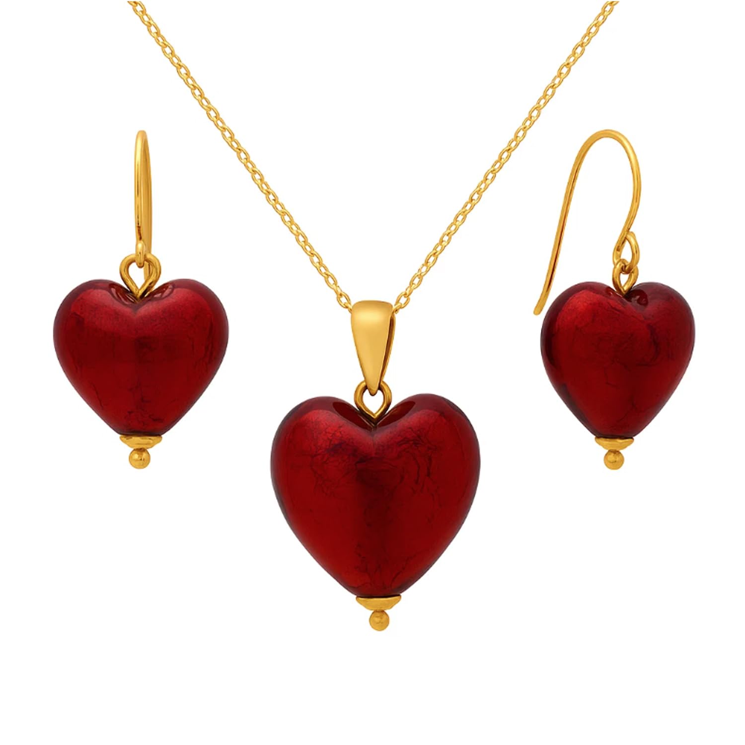 Belacqua 10k Yellow Gold Synthetic Ruby Jewelry Set for Women | Heart Pendant Necklace with Earring | Gift Box Included
