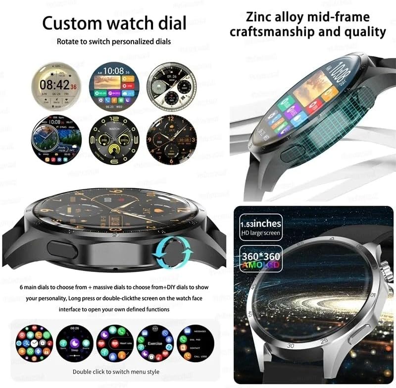 Multiple custom watch dial options displayed on the GT4 Pro screen, alongside an image highlighting the zinc alloy mid-frame craftsmanship and a 1.53-inch HD large screen with 360x360 AMOLED resolution.