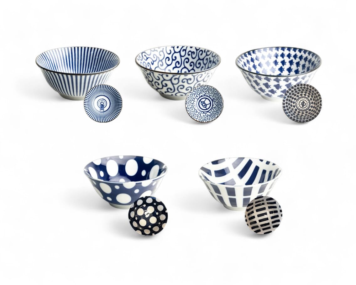 Japan-Bowls AsiATICA - Lot de 5 bols à ramen en porcelaine de 15 cm - Bols asiatiques de qualité supérieure pour riz, pâtes, tapas, udon, céréales - Set de bols à soupe avec designs japonais (Seigaiha