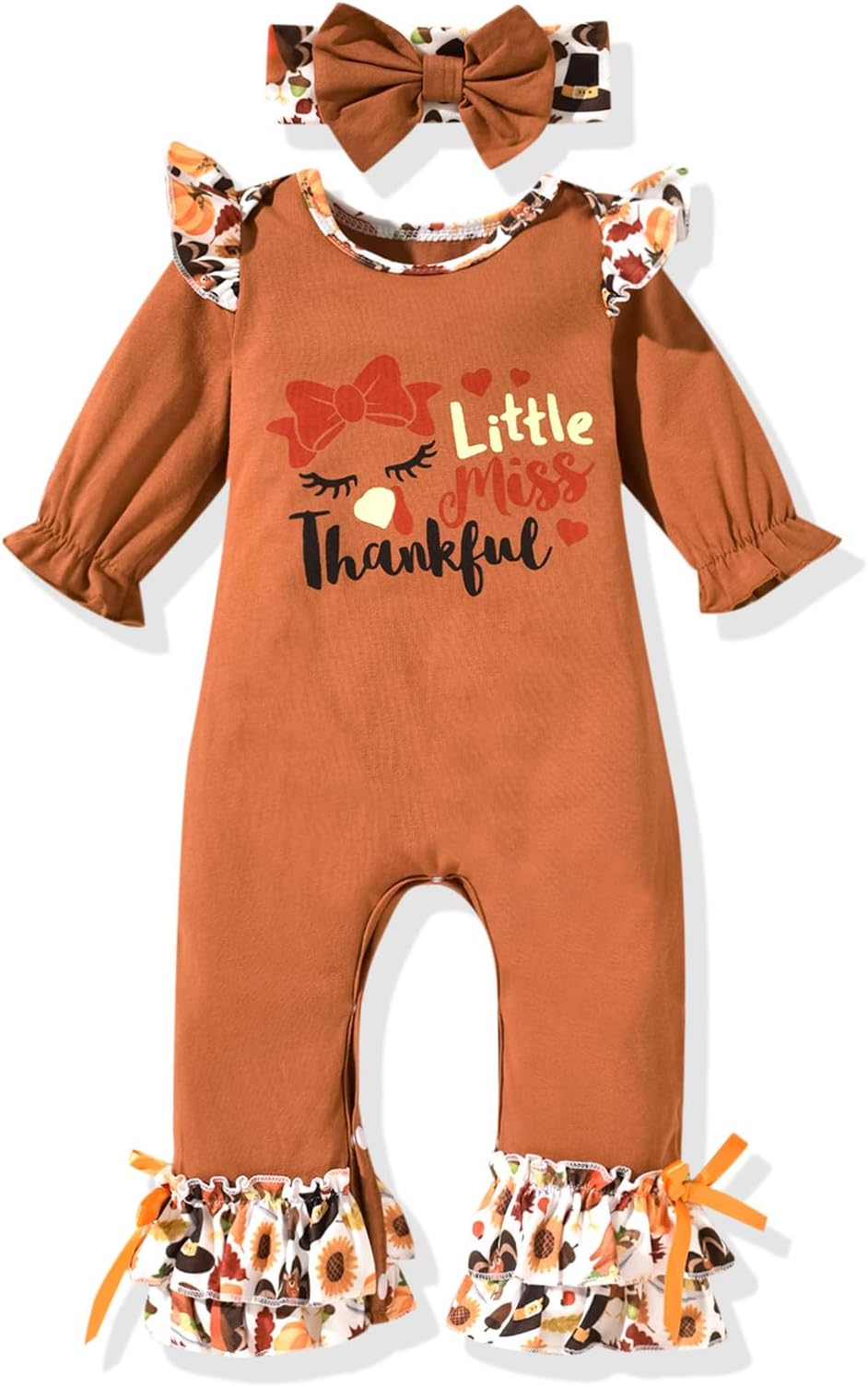 UnutiyloBaby Girl Thanksgiving Christmas Outfit My First Holidays Romper Ruffle Sleeve Jumpsuit with Headband Set