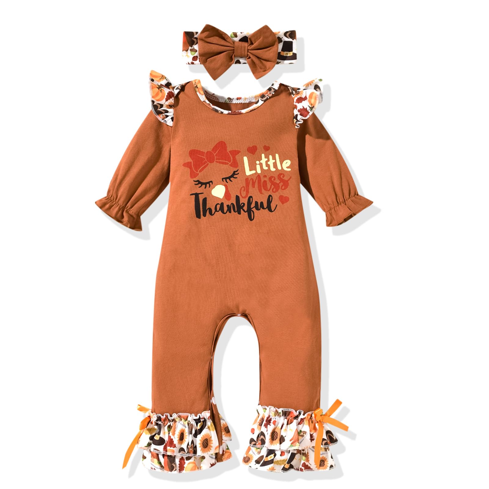 UnutiyloBaby Girl Thanksgiving Christmas Outfit My First Holidays Romper Ruffle Sleeve Jumpsuit with Headband Set