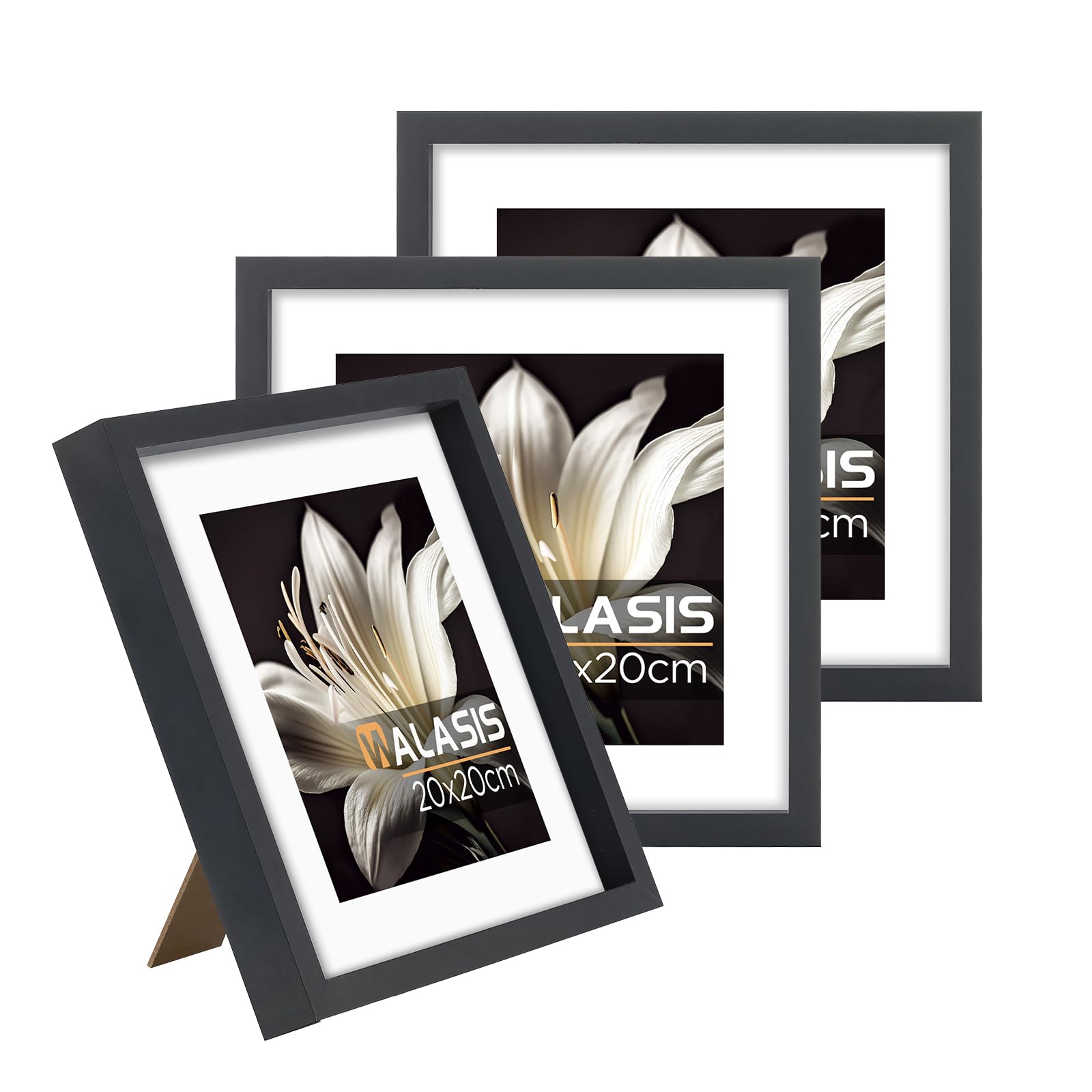 Walasis Bilderrahmen 20x20 Quadratisch Schwarz mit Passepartout: 3er Set Holz Rahmen für Foto Poster - MDF Fotorahmen mit Acrylglas