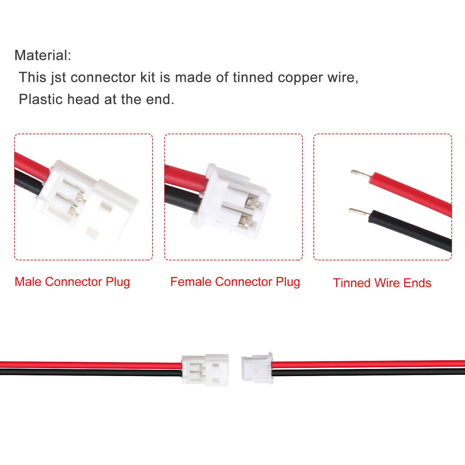 30 Paar JST 1.5 ZH 2 Pin Steckverbinder, Mini Micro JST ZH 2-Polige Buchse und Stecker mit 150mm 26AWG Kabeldraht (Rot Schwarz) - 4