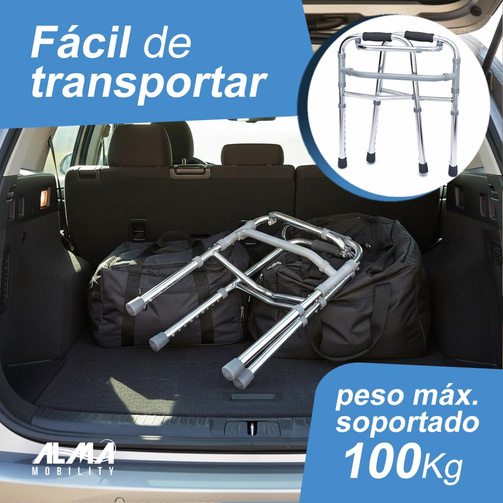 ALMA Andador para Ancianos Plegable de Aluminio, Andador Articulado Ortopédico, Ligero y Ajustable en Altura, Sin Ruedas, con Empuñaduras Anatómicas, Marcha Asistida para Adultos y Personas Mayores