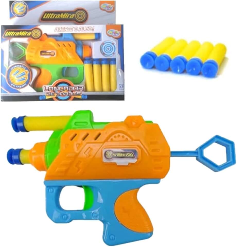 Lançador De Dardos Brinquedo Infantil PISTOLA ARMA LANÇA 5 DARDOS MACIOS DE ESPUMA SEGURO QUE GRUDA ULTRA MIRA ARMINHA PRESSÃO ATIRA ACERTE O ALVO 15 CM
