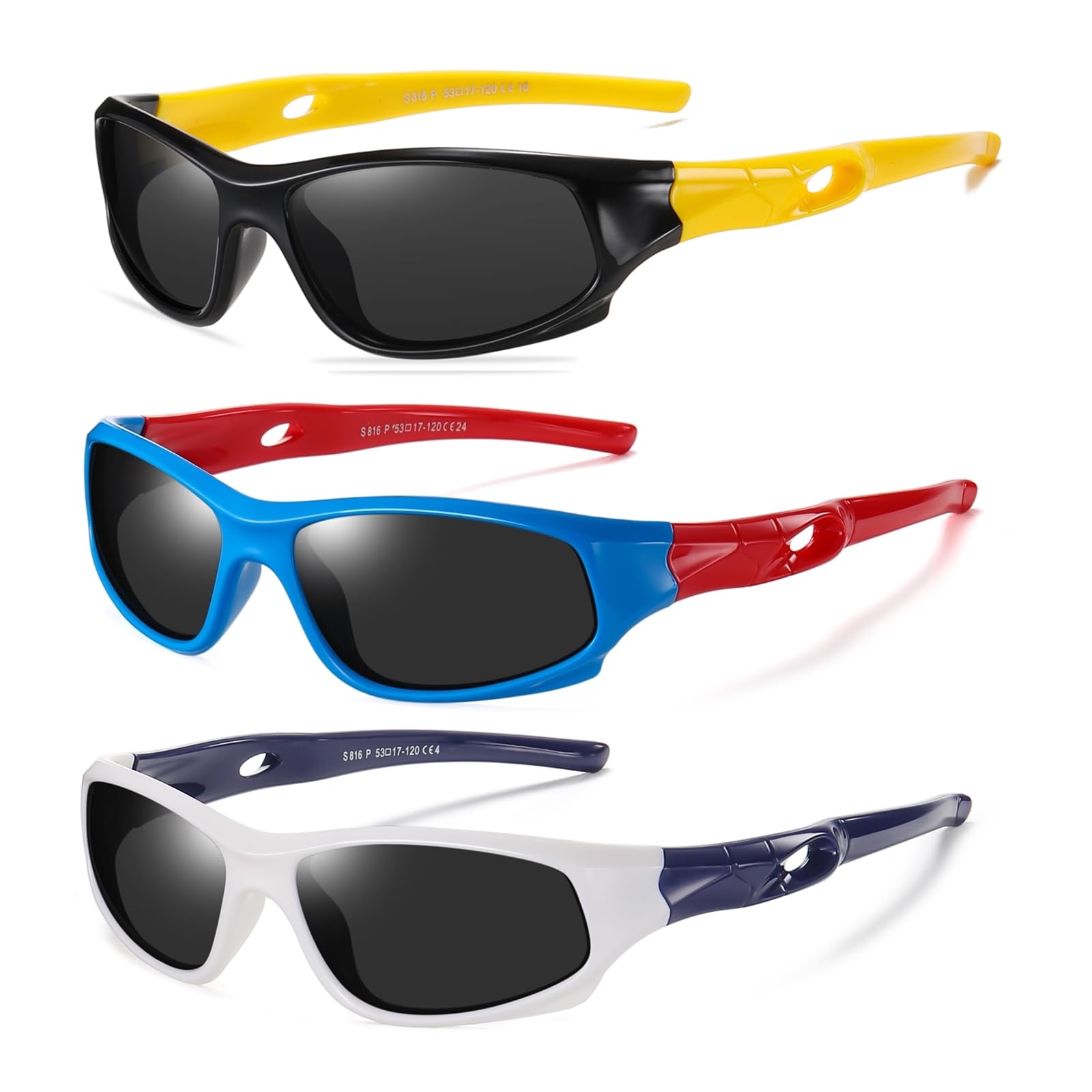 DYLB Flexible Kinder-Sonnenbrille für Jungen und Mädchen, mit Riemen, Sport-Sonnenbrille für Kinder im Alter von 3–10 Jahren, Weiß, Blau, Rot, Schwarz, Gelb, Größe M, 3 Stück
