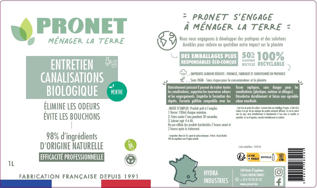 PRONET NATURE - Gel Entretien canalisation Biologique - Elimine les mauvaises odeurs, évite la formation de bouchons - 98% ingredients naturels - Fosse septique - Usage préventif - Senteur Menthe - 1L