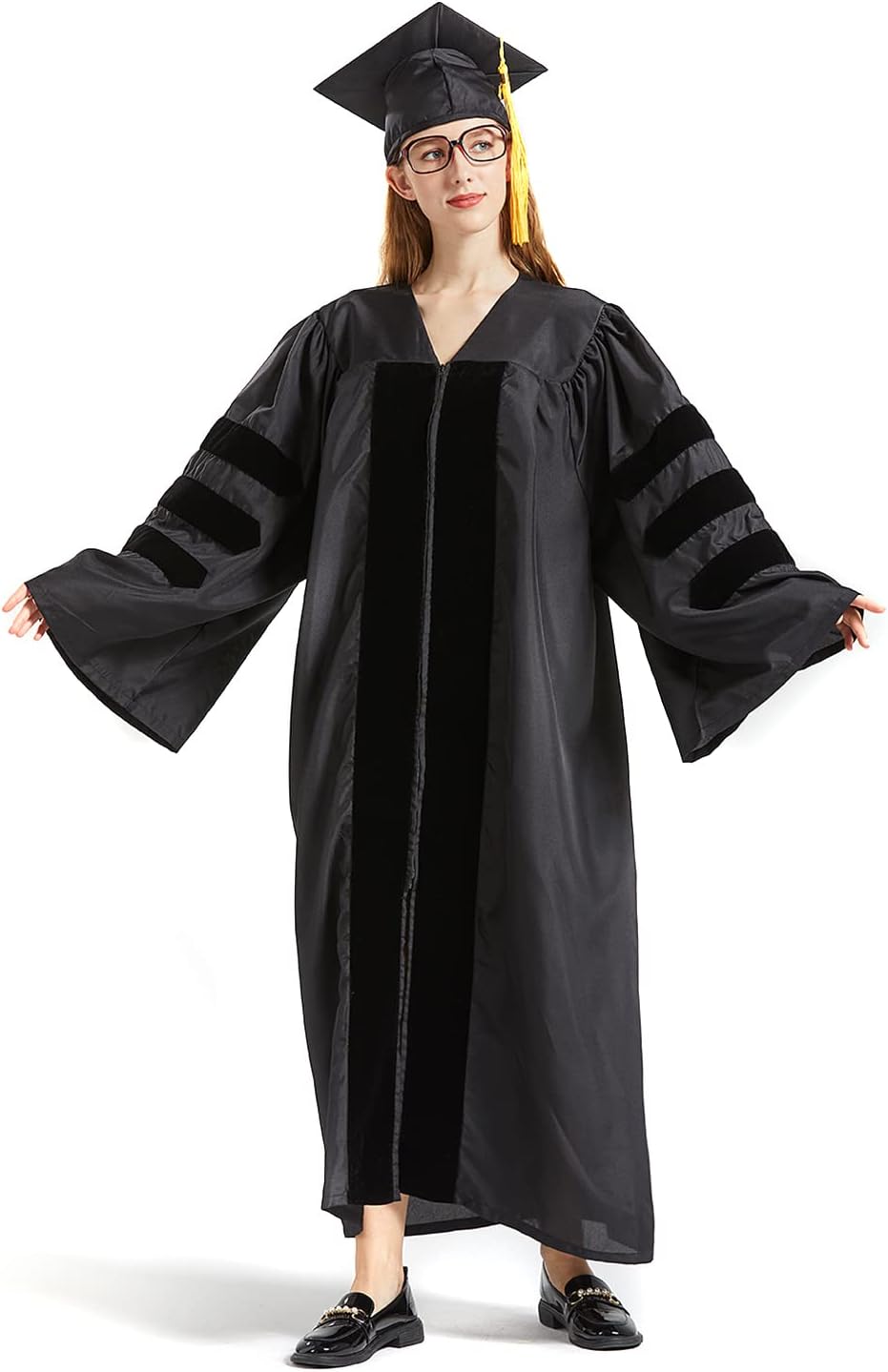 GRADWYSE Doctoral Cap and Gown 2024 Golden Tassel for PhD Graduates Faculty Common Fit Unisex Matte Unisex Black