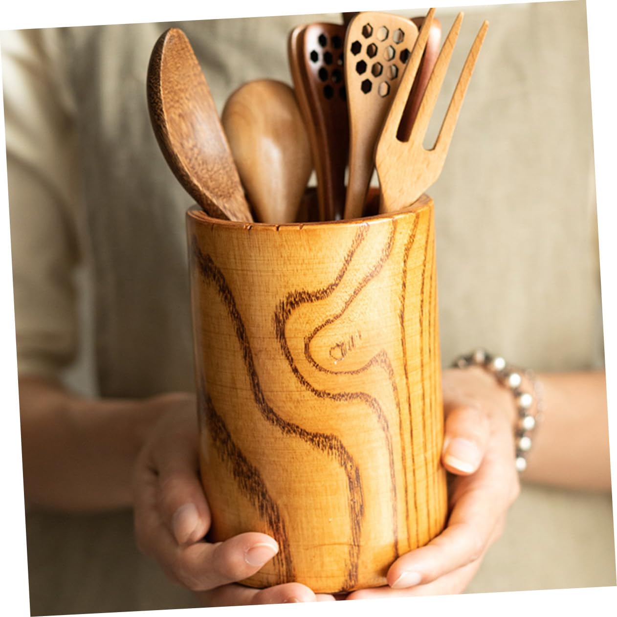 Soporte de Utensilios de Madera Resistente para Cocina Organizador de Cubiertos y Utensilios Portaplumas y Escurre Cubiertos Compacto para Encimera
