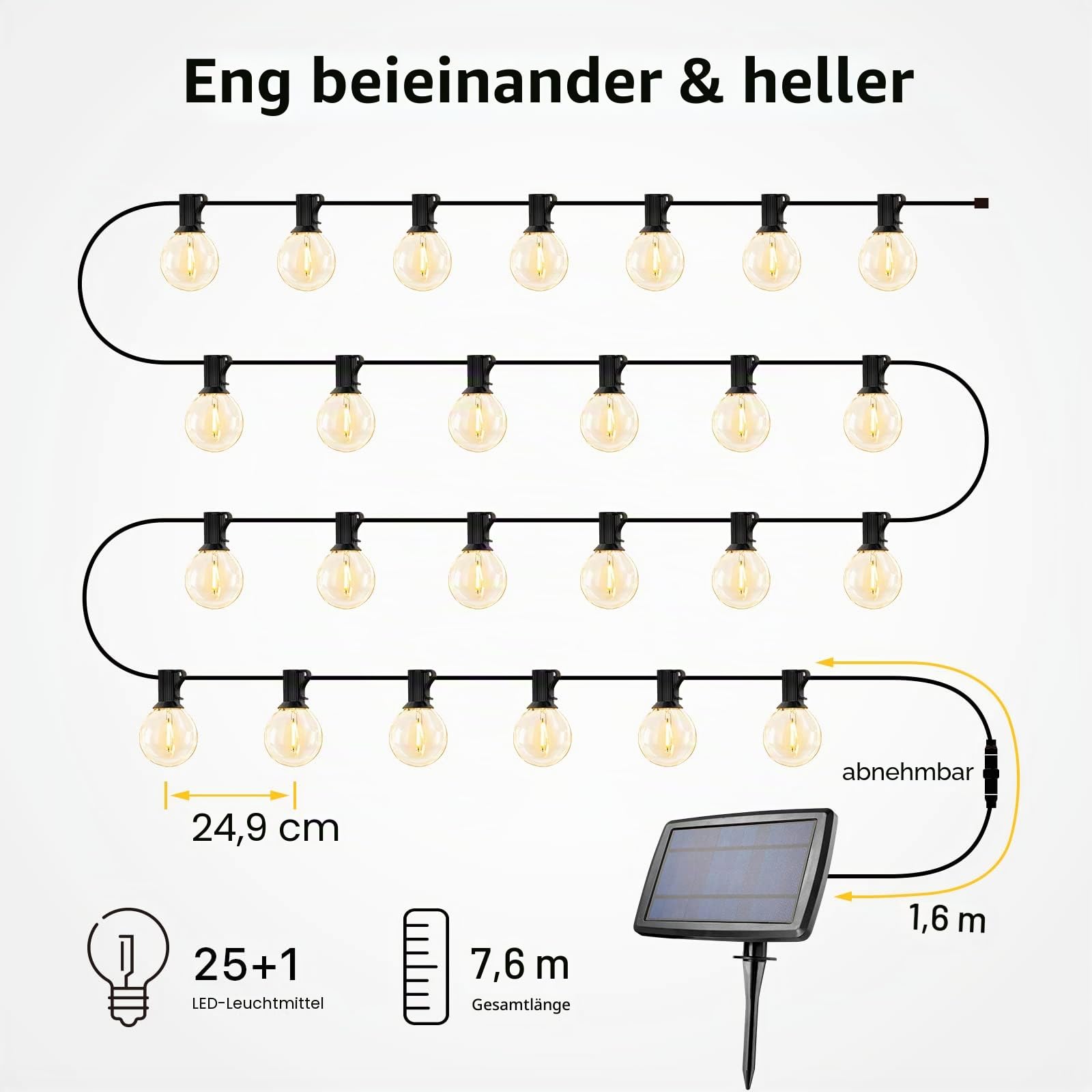 LE Solar Lichterkette Glühbirnen Aussen, 7.62M 25 LEDs G40 Außen Beleuchtung, USB wiederaufladbar, 4 Modus Solarlichterkette für Garten, Hochzeit, Balkon, Haus, Weihnachten Deko, Warmweiß | USB Wiederaufladbar Aussen, 4 Modus Solarlichterkette für Garten,