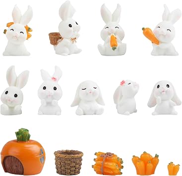 CCINEE 14PCS Rabbit Fairy Garden Accessories Rabbit Miniature Figurines & Carrot Decor for Easter Bunny Garden & Terrarium
