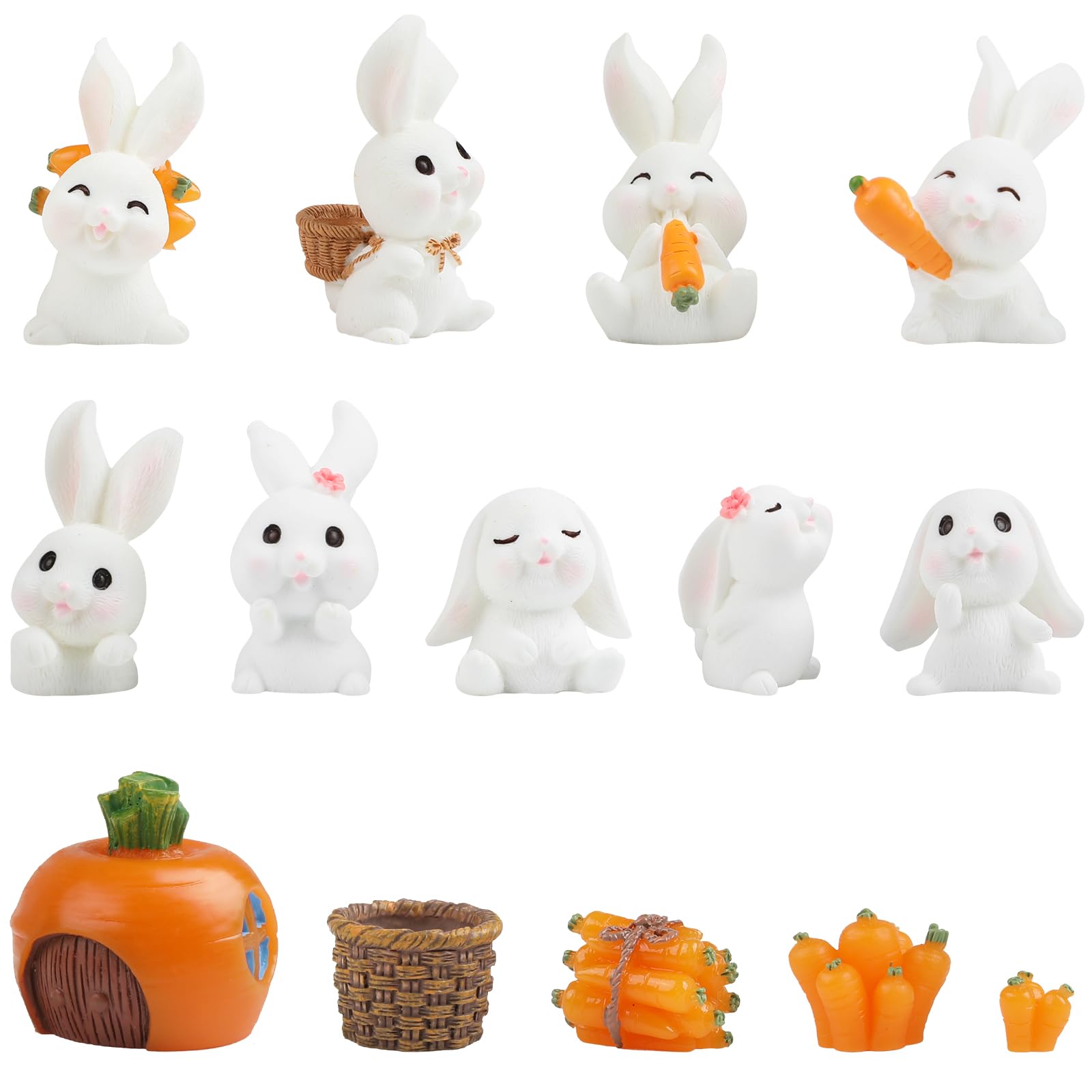CCINEE 14PCS Rabbit Fairy Garden Accessories: Rabbit Miniature Figurines & Carrot Decor for Easter Bunny Garden & Terrarium