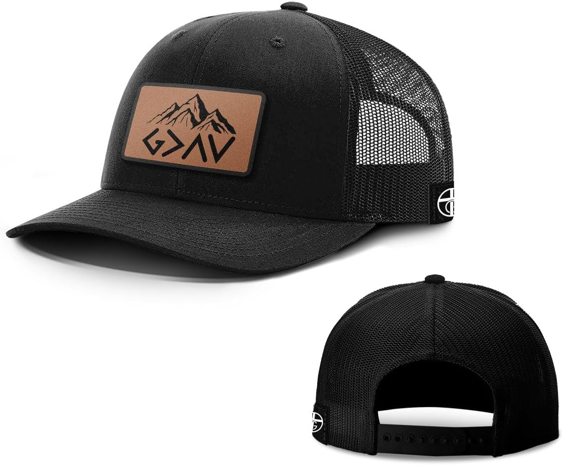 God is Greater Mountain Leather Patch Christian Trucker Hat - Fit Snapback Hat - Breathable Mesh Side for Casual Wear
