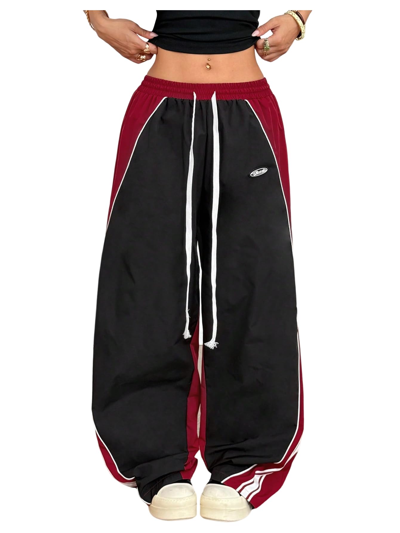 GORGLITTER Womens Baggy Track Pants Y2K Color Block Drawstring High Waisted Parachute Pants