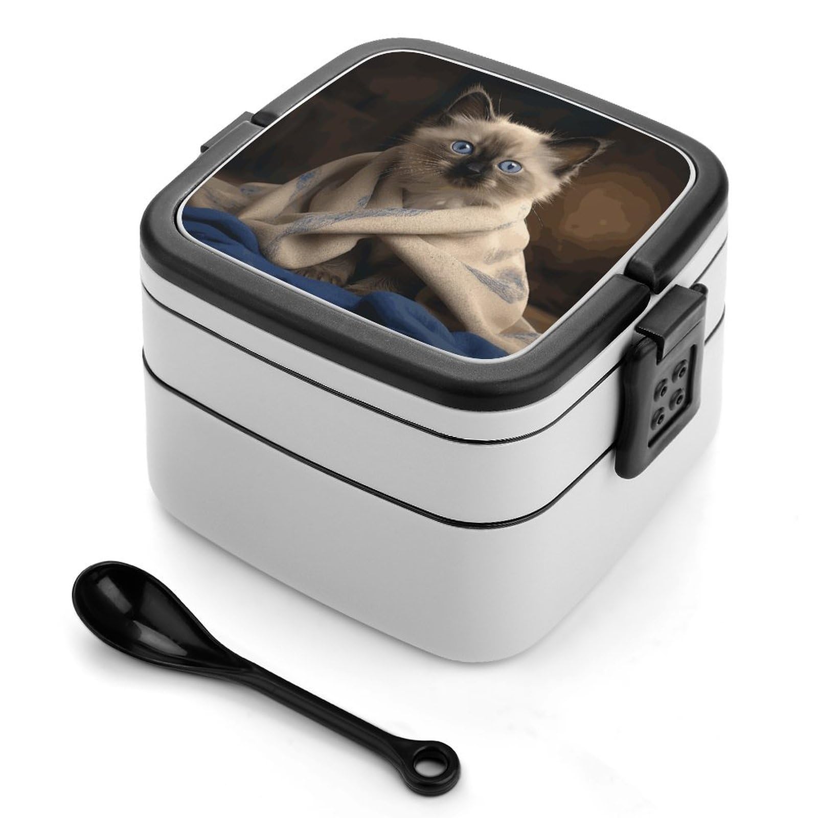 GFLFMXZW Cat on Blanket Bento Box Adult Lunch Box All-in-One Lunch Containers with Removable Compartments Double Layer Bento Lunch Box with Spoon And Handle Stackable Lunchbox