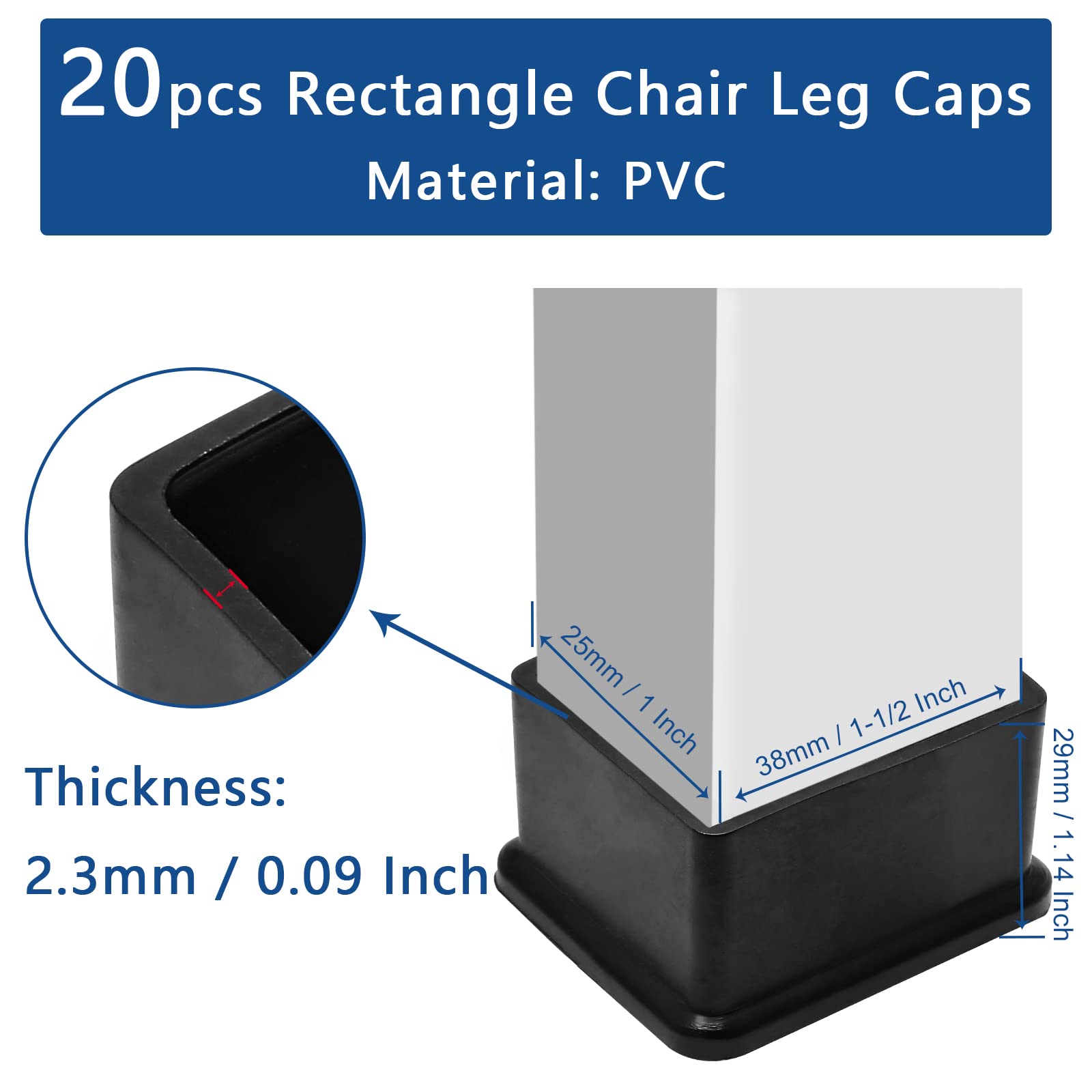 Cjueiom 20pcs 25mm x 38mm / 1" x 1-1/2" Chair Leg Floor Protectors Rectangle Table Legs Covers, Black Chair Leg Caps PVC Furniture Leg Protectors, Chair Feet Protectors Stoppers Tips Ferrules Pads - Image 3