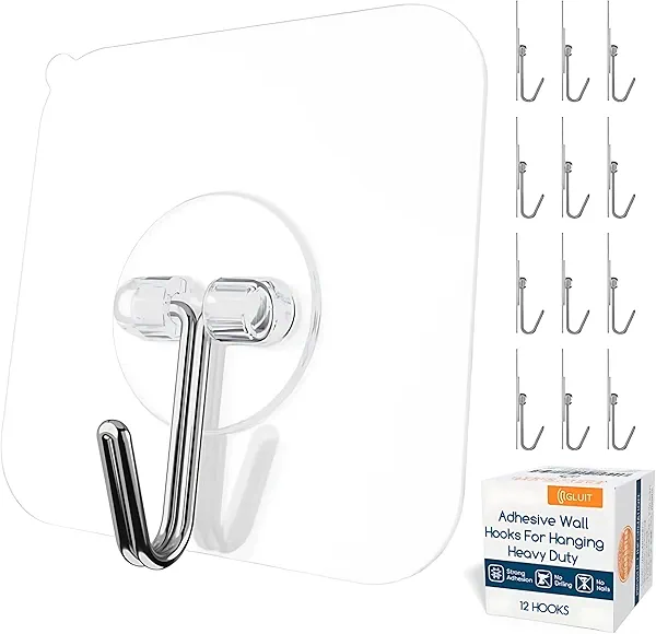GLUIT Adhesive Wall Hooks for Hanging Heavy Duty 22 lbs Hooks for Walls No Damage, Towel Sticky Clear Hook, Waterproof, Home, Bathroom, Kitchen, Office, and Outdoor 12 Pack