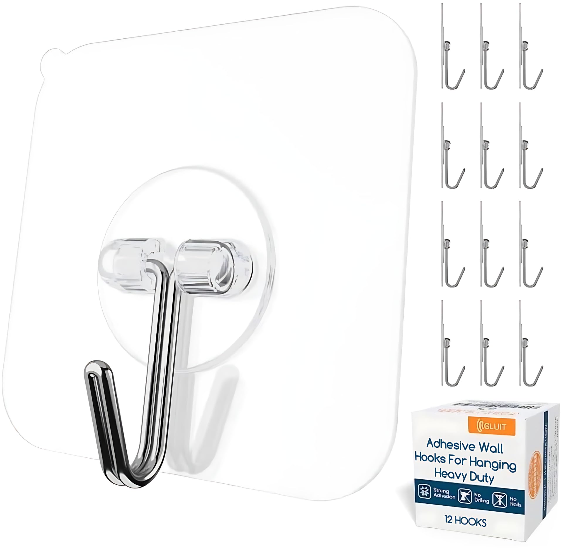 GLUIT Adhesive Wall Hooks for Hanging Heavy Duty 22 lbs Hooks for Walls No Damage, Towel Sticky Clear Hook, Waterproof, Home, Bathroom, Kitchen, Office, and Outdoor 12 Pack