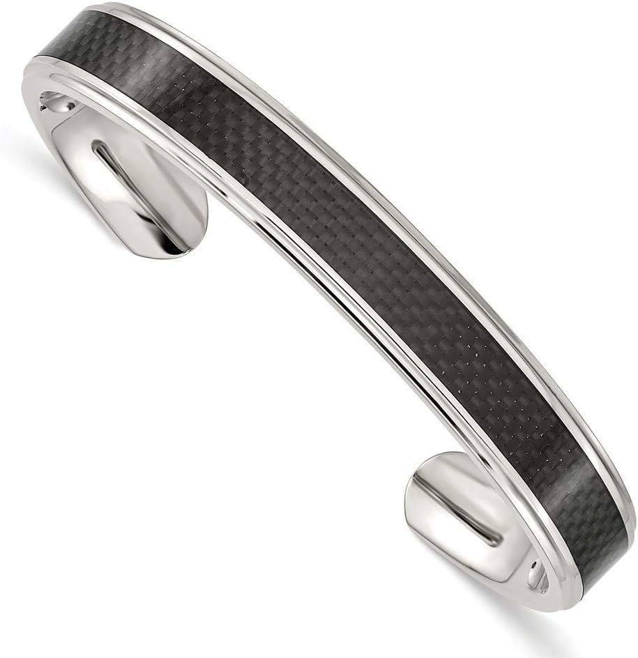 Sonia Jewels Solid Stainless Steel Men's Black Carbon Fiber Inlay Bangle Cuff Bracelet (Width = 10mm)