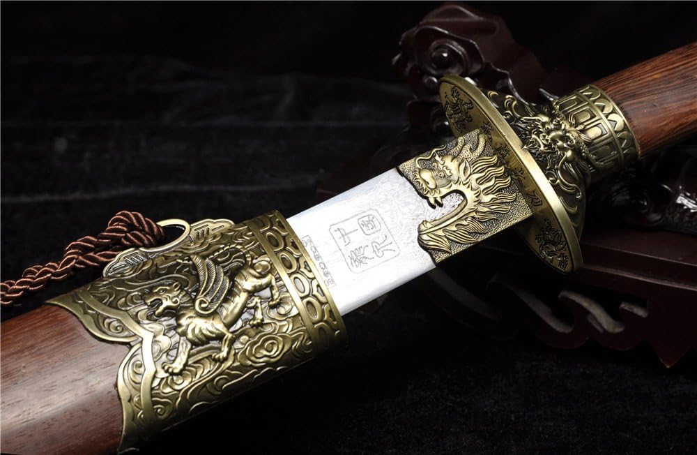 Rosewood Damascus Steel Blade Hand Made Chinese Dragon Tige Sword DAO