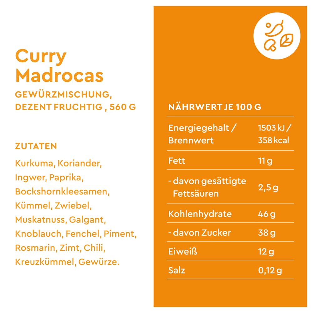 WIBERG Curry Madrocas – Aromatische Gewürzmischung mit Curcuma und Koriander – fruchtige Note mit milder Schärfe, für Currys & vegetarische Gerichte, 560 g