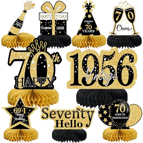 Image of 9Pcs 70th Birthday Decorations Honeycomb Centerpieces for Men Women, Black Gold Happy 70th Birthday Centerpieces Tables Toppers Party Decorations Supplies,Vintage 1956 Aged Table Sign Decor