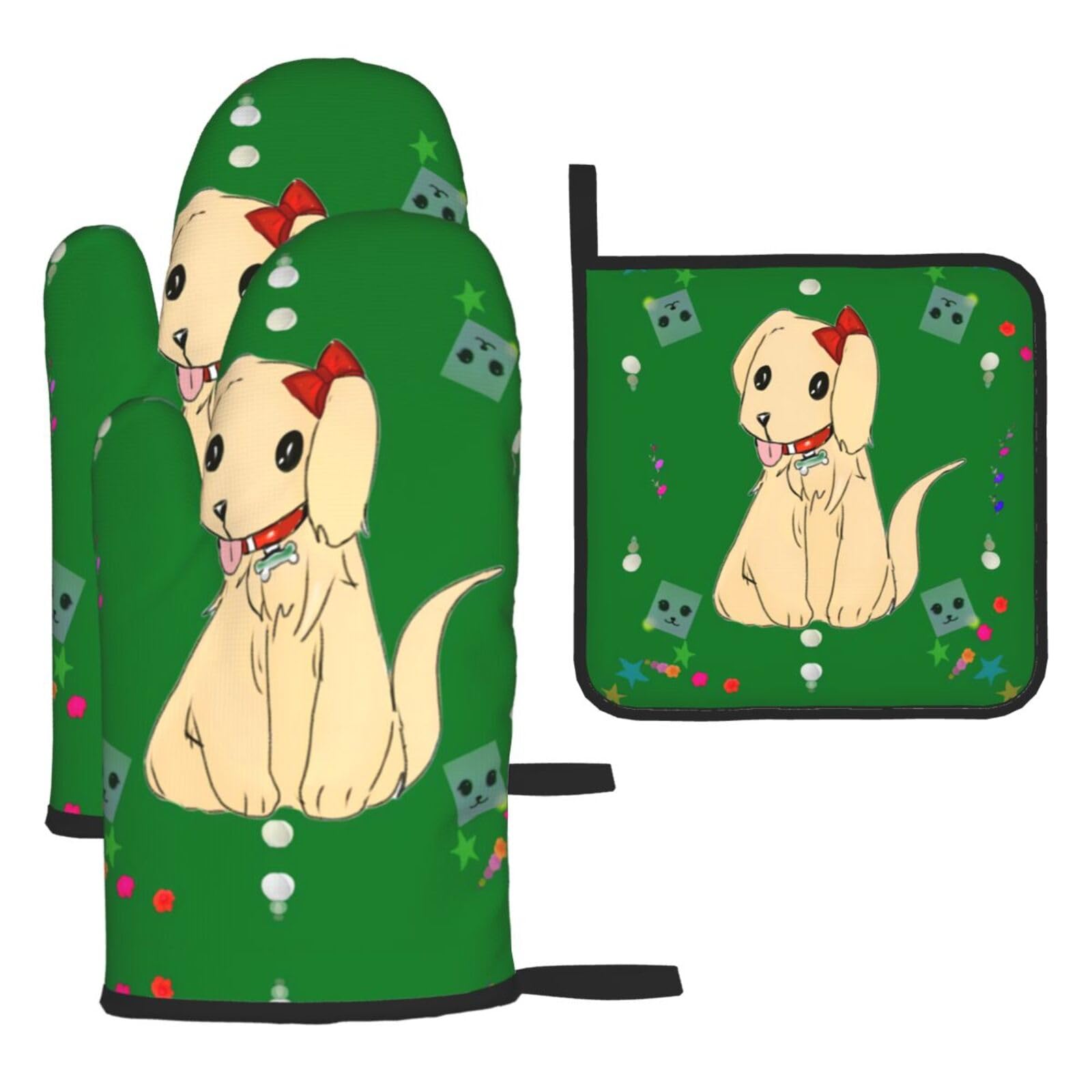 Cartoon dog on grass Oven mittens and oven mitts three-piece set suitable for oven, grilling, baking, microwave and home cooking.