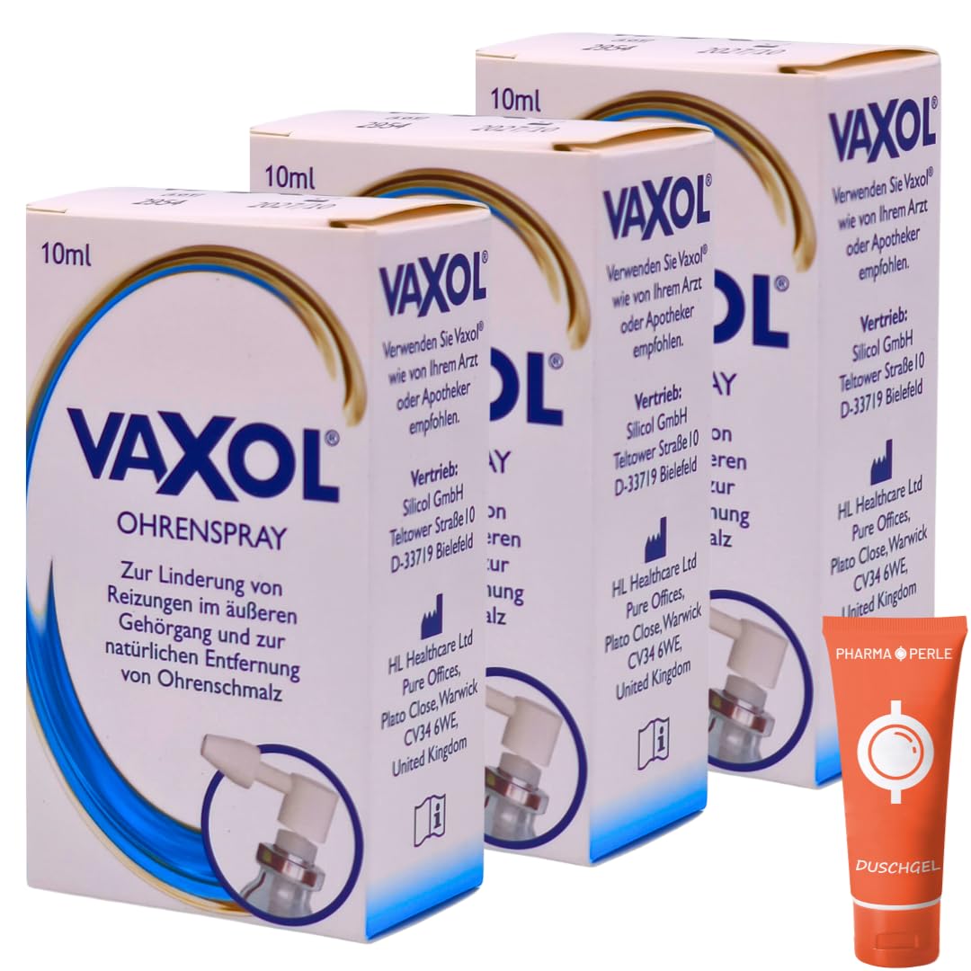 Vaxol Ohrenspray 3x 10 ml I Zur Aufweichung & Entfernung von Ohrenschmalz I Natürliche Ohrenpflege mit Olivenöl für Erwachsene & Kinder I Pflege bei Ohrstöpseln I Spar-Set plus Pharma Perle give-away