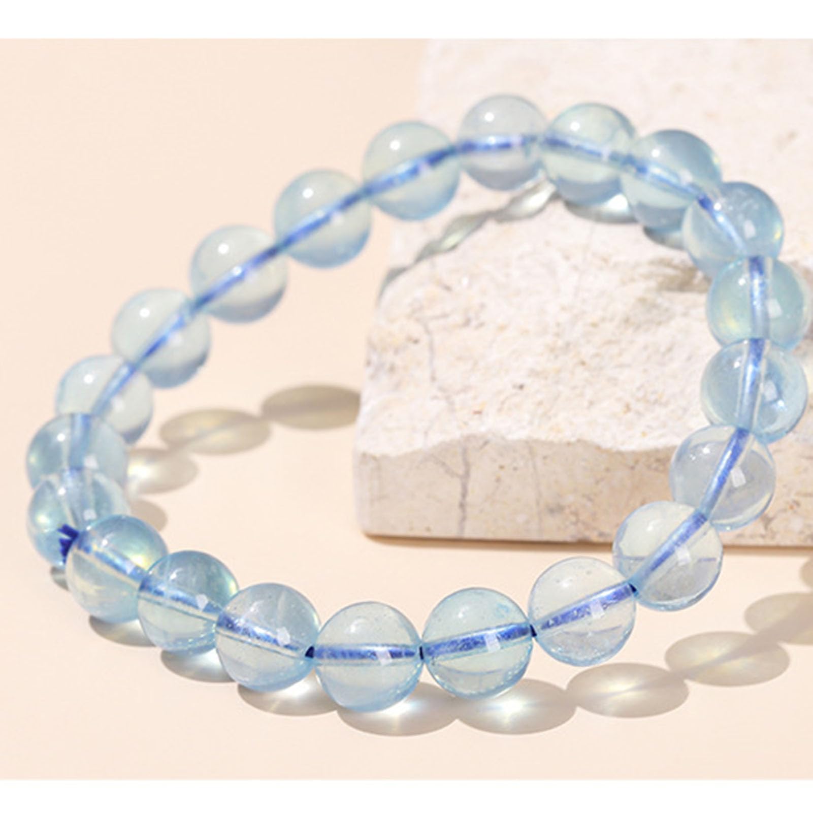 Bracciale Elasticizzato con Vera Acquamarina per Donna e Uomo, Perline di Cristallo Azzurro Naturale per Il Chakra della Gola, Comunicazione Calma energia Yoga, Regalo Compleanno,7a,9MM
