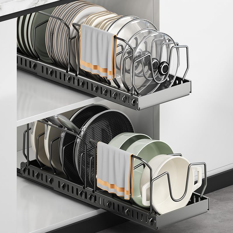 Ausziehbarer Topf- und Pfannen-Organizer für Schrank, ausziehbarer Schrank-Organizer für Topf- und Pfannen-Aufbewahrung, Topfdeckel-Organizer und Halter mit Leitplanke (schwarz, 10 Trennwände